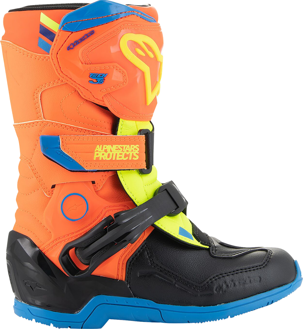 Adult - Alpinestars Kids Tech 3S Boots - Fluorescent Orange/Fluorescent Yellow/Blue