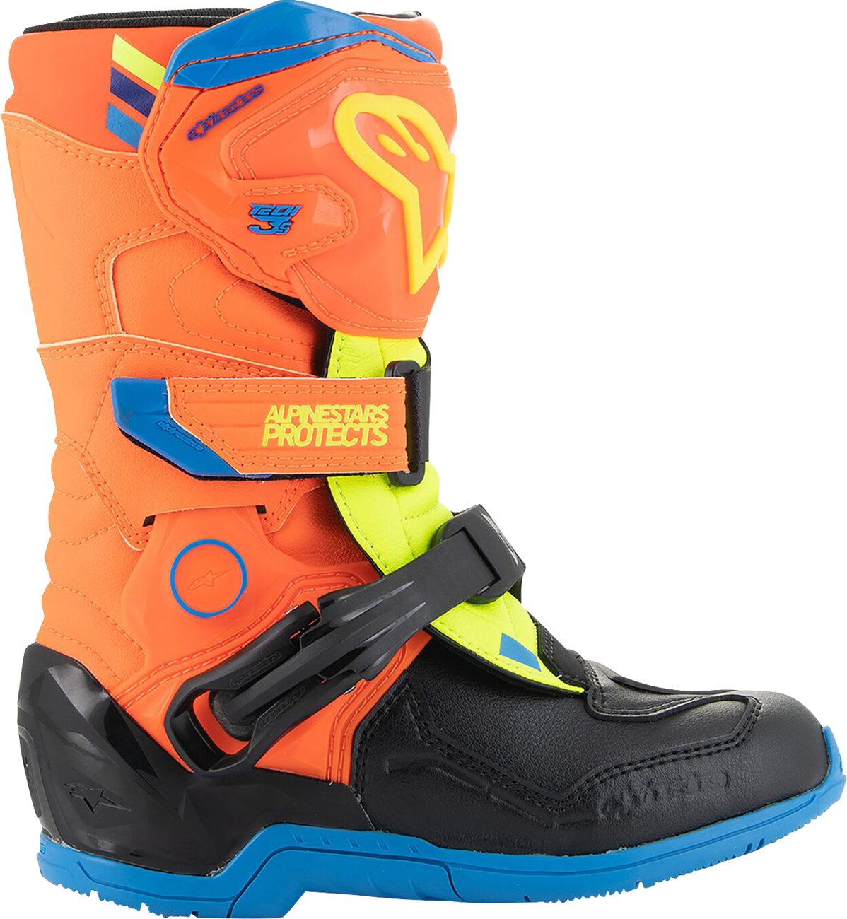 Adult - Alpinestars Kids Tech 3S Boots - Fluorescent Orange/Fluorescent Yellow/Blue