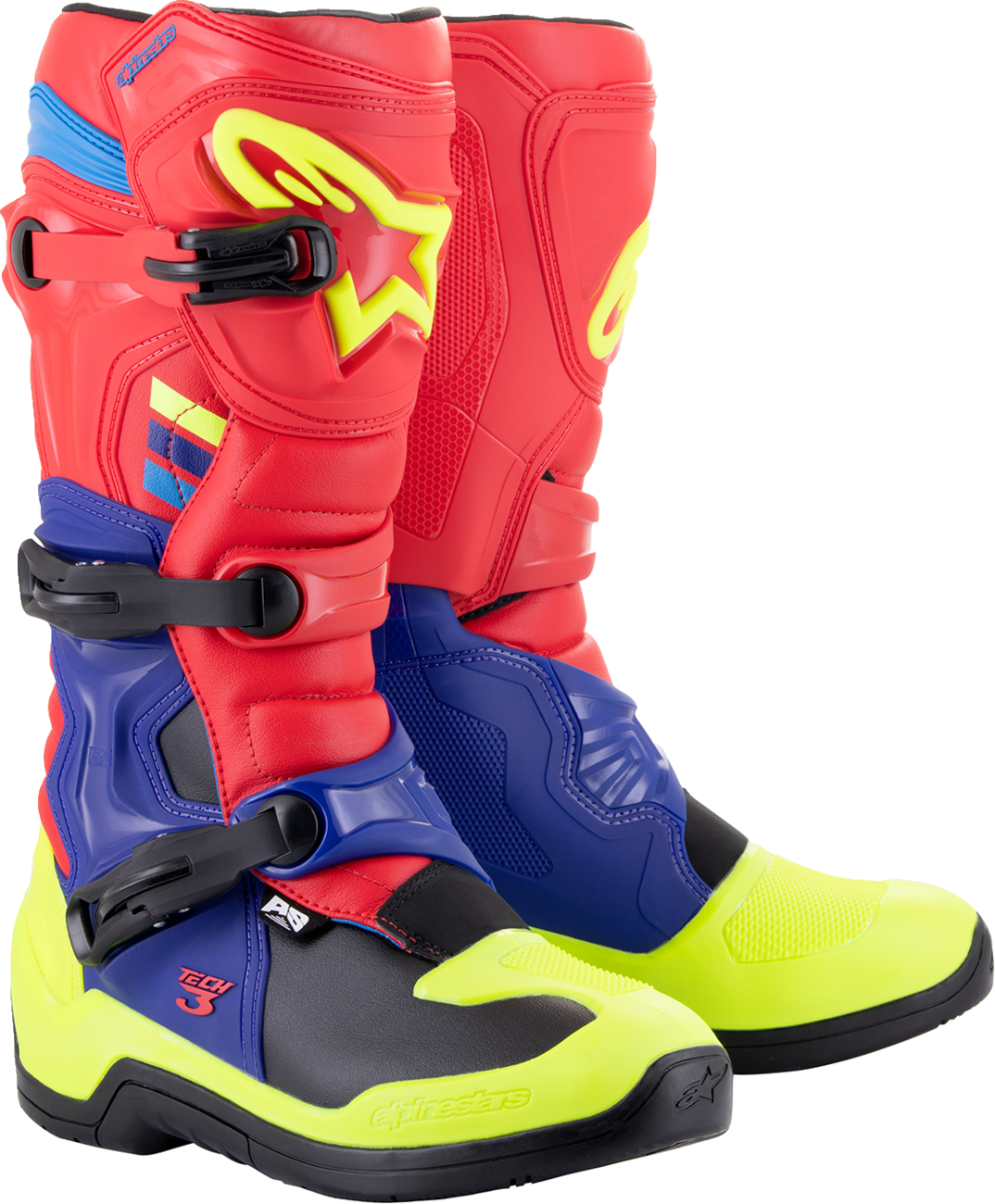 Adult - Alpinestars Tech 3 Boots - Red/Blue/Yellow Fluorescent