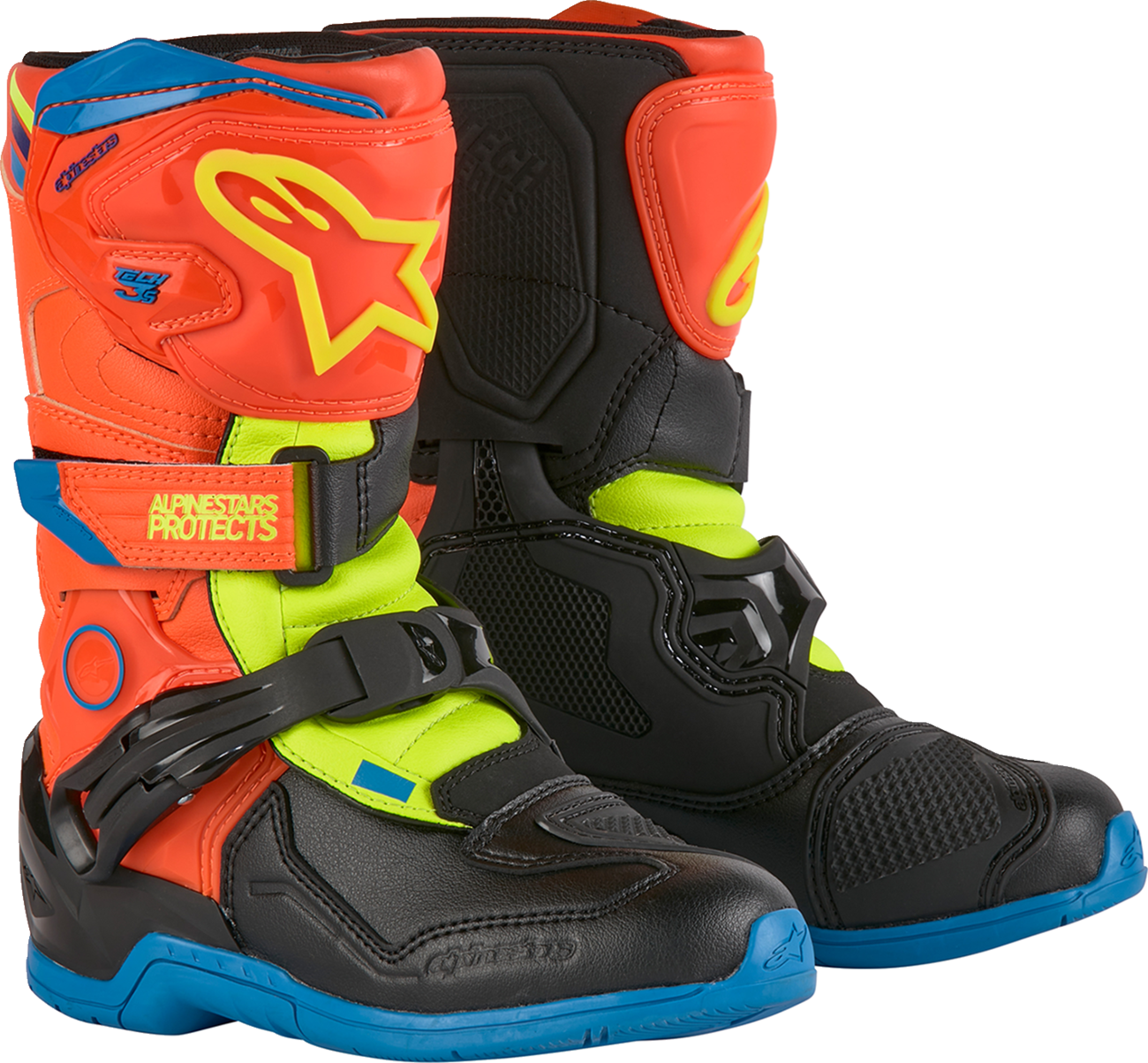 Adult - Alpinestars Kids Tech 3S Boots - Fluorescent Orange/Fluorescent Yellow/Blue