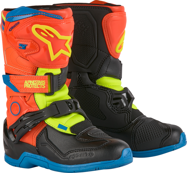 Adult - Alpinestars Kids Tech 3S Boots - Fluorescent Orange/Fluorescent Yellow/Blue