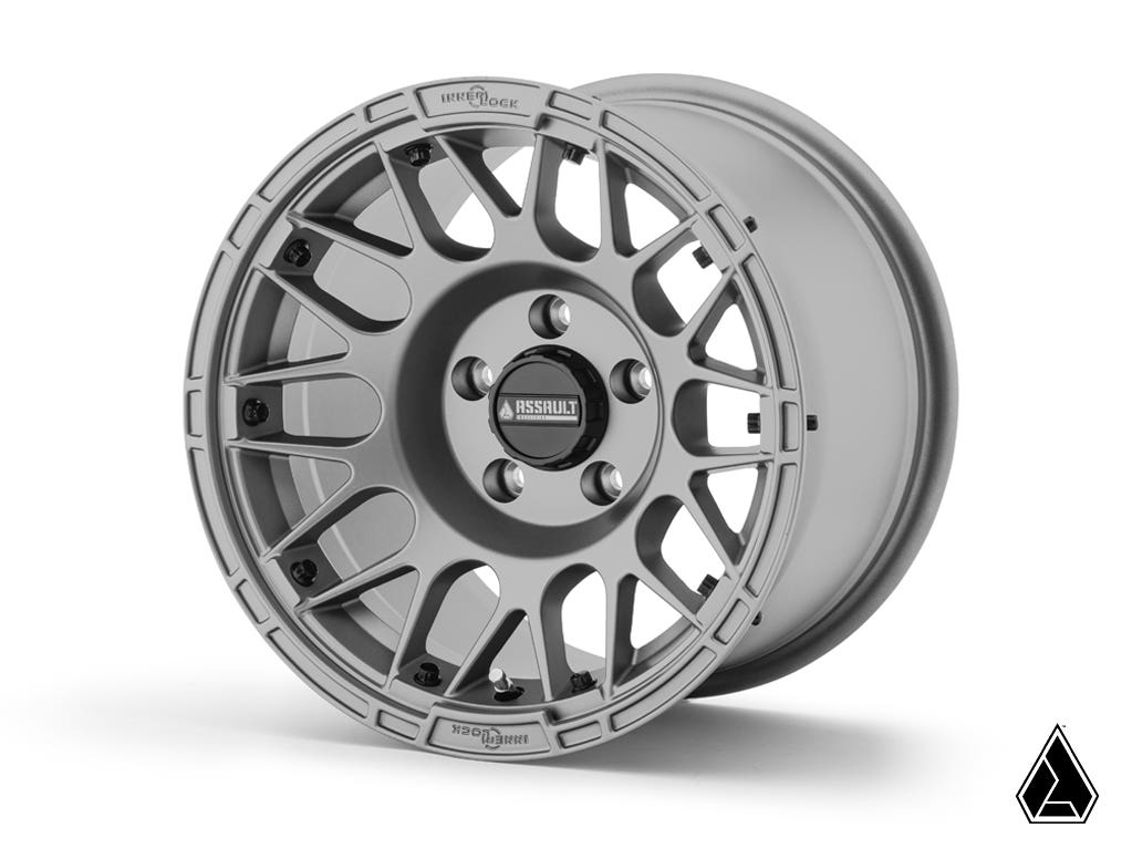 STANDARD XT WARRIOR TIRES 32X10X15 ON 15X10 ASSAULT INDUSTRIES HELLFIRE MATTE TITANIUM WHEELS 4/156 PATTERN
