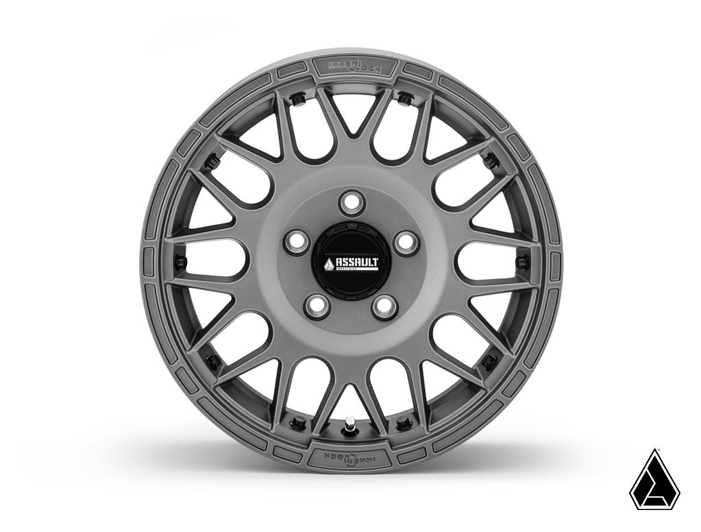 INTIMIDATOR TIRES 34X10X15 ON 15" MATTE TITANIUM HELLFIRE WHEELS 4/136 PATTERN