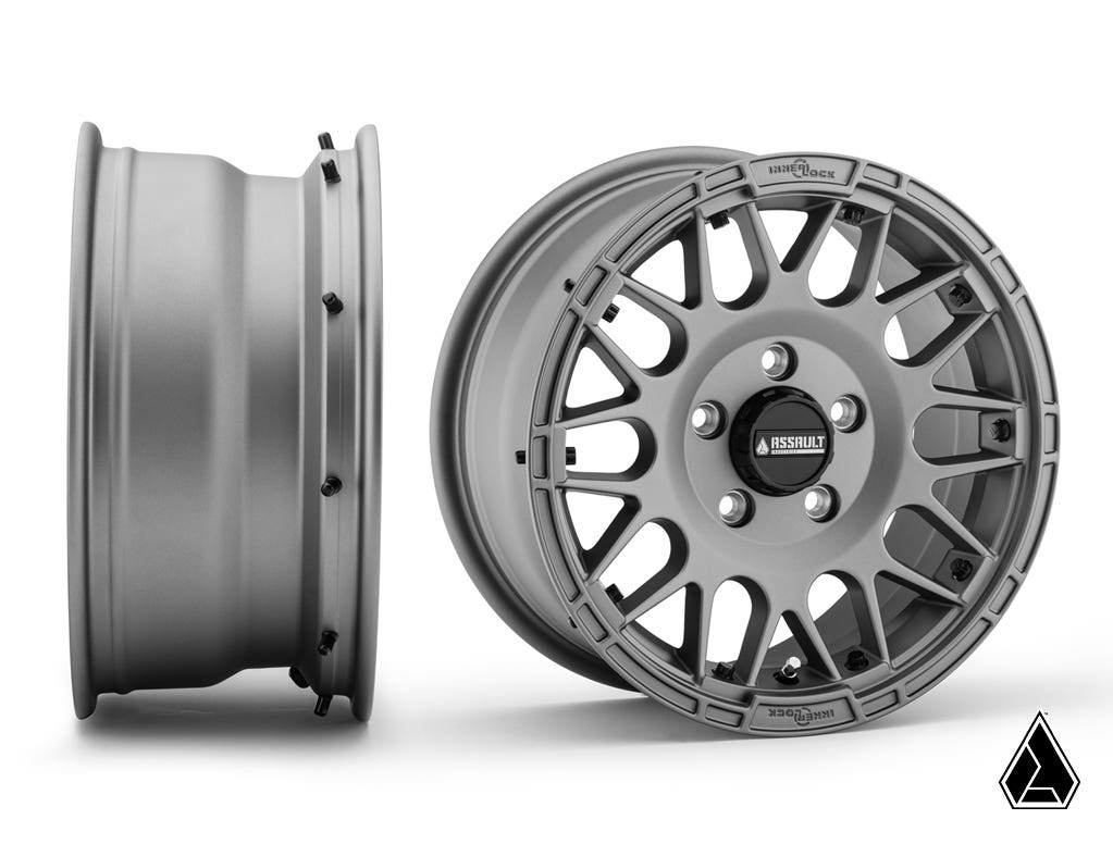 INTIMIDATOR TIRES 34X10X15 ON 15" MATTE TITANIUM HELLFIRE WHEELS 4/136 PATTERN