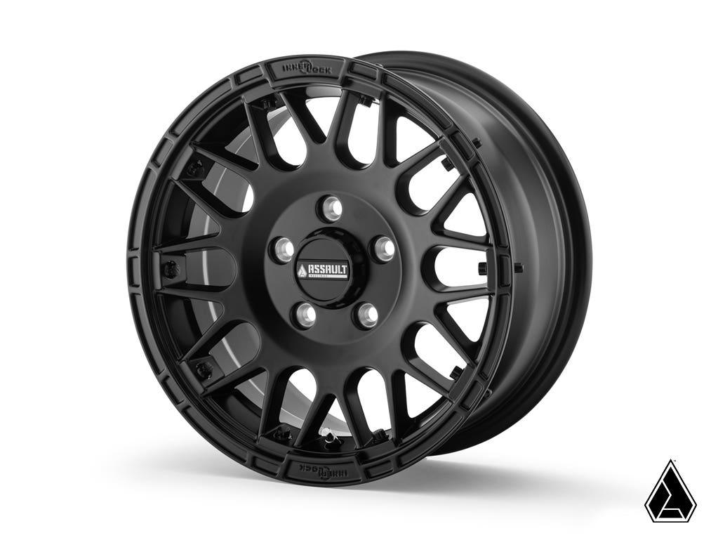 INTIMIDATOR TIRES 34X10X15 ON 15" SATIN BLACK HELLFIRE WHEELS 5/4.5 PATTERN