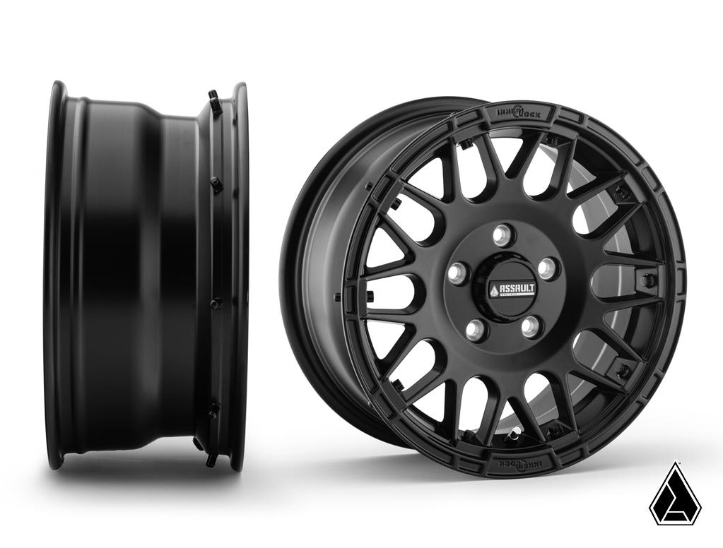 STICKY XT WARRIOR TIRES 35X10X15 ON 15X7 ASSAULT INDUSTRIES HELLFIRE SATIN BLACK WHEELS 4/156 PATTERN