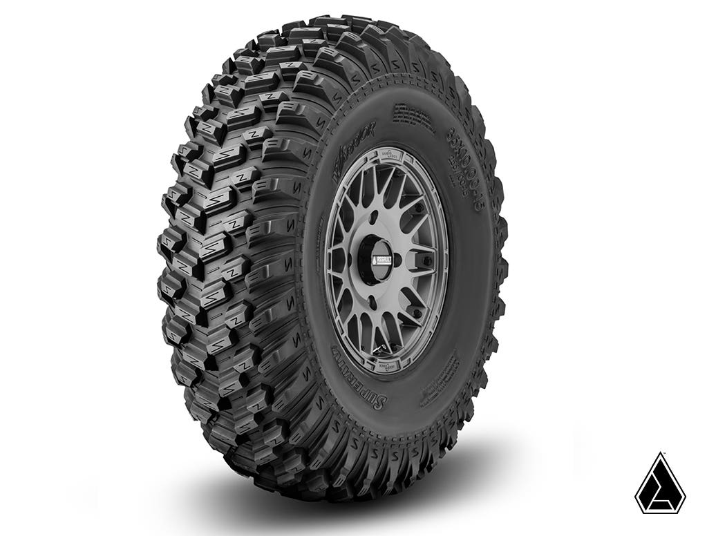 STANDARD XT WARRIOR TIRES 32X10X15 ON 15X10 ASSAULT INDUSTRIES HELLFIRE MATTE TITANIUM WHEELS 4/136 PATTERN